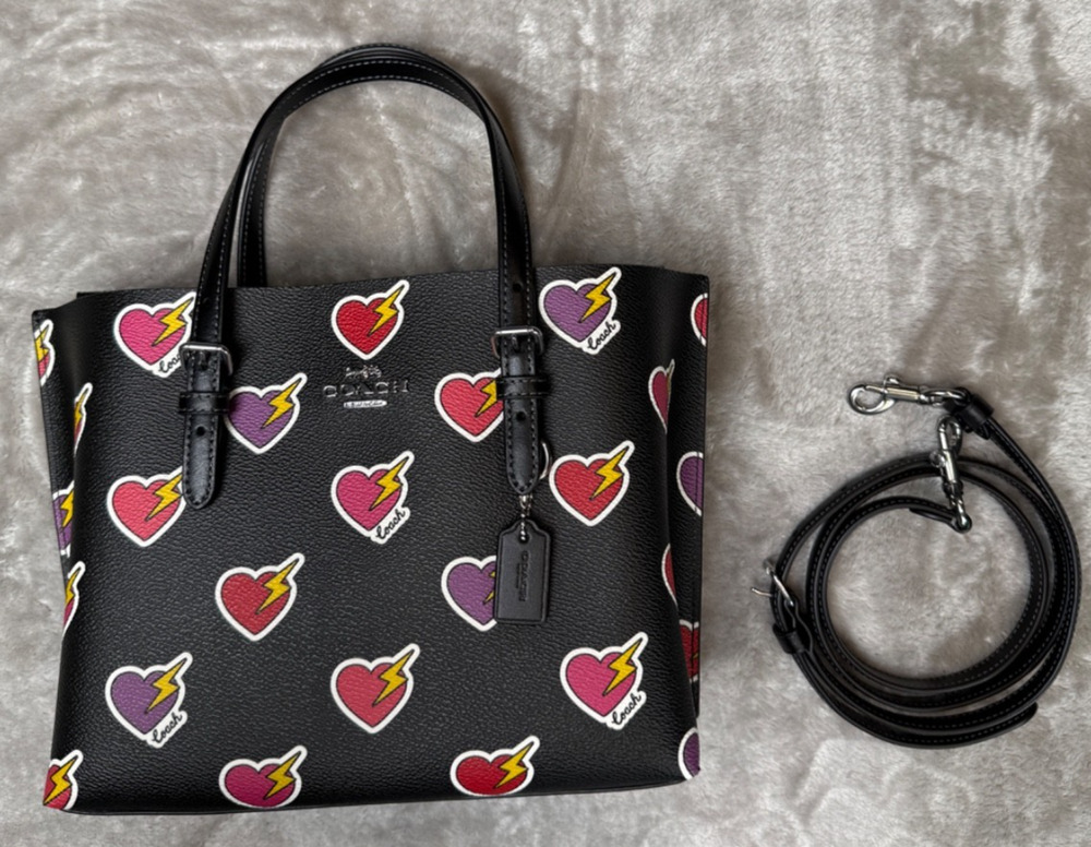 Coach Mollie 25 Black Purple Pink Heart Lightning Bolt Print Tote Bag CW435 NWOT